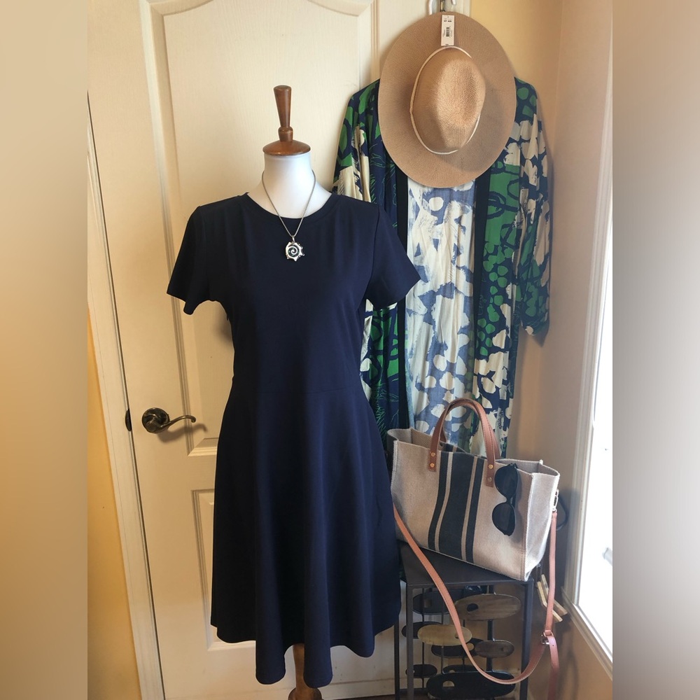 Navy Short-Sleeve Midi Dress fit and flare